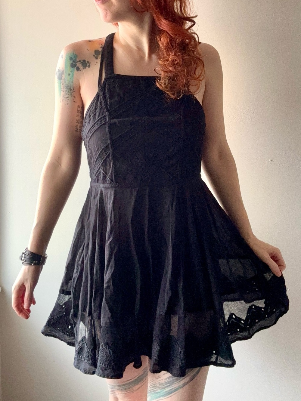 Free People Black Embroidered Mesh Cross Back Mini Dress XS